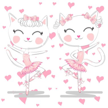 Pembe Bale tutu ve Pointe sevimli beyaz balerin kediler el çizilmiş güzel çifti