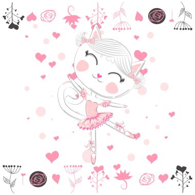 Pembe Bale tutu bir Kawaii komik kedi el çizilmiş Illustration. Tasarım konsepti, çocuk baskısı.