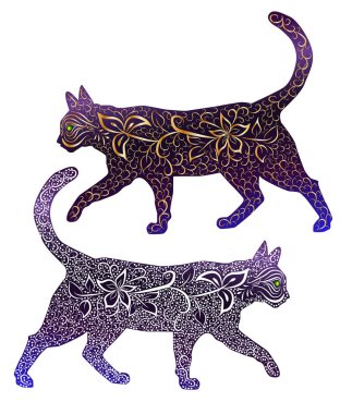 Zarif kedi, siluet, Hint tarzında el boyalı, baskı, tasarım. Zarafet kavramı, bir kedi güzelliği, Hint tarzında elle çizilmiş benzersiz bir desen