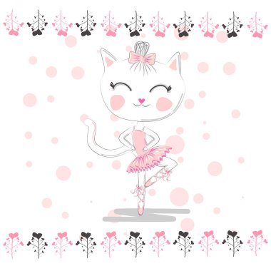Bale tutu sevimli beyaz karikatür kedi, pembe bir etek Kitty kız, sevimli yazı. tatlı kart