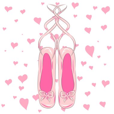 Tişört tasarımı. Kroki siluet el çizilmiş Pointes ayakkabı, pembe renklerde yay.