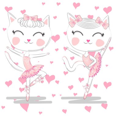 Pembe Bale tutu ve Pointe sevimli beyaz balerin kediler el çizilmiş güzel çifti
