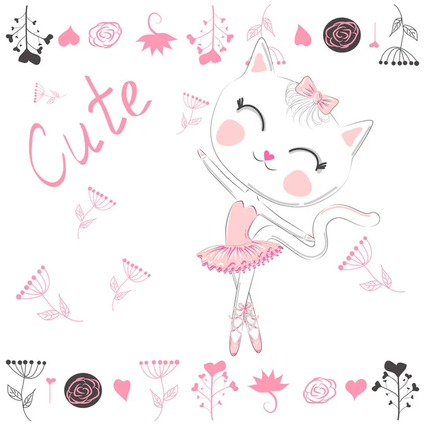 Hezká Bílá Kreslená Kočka Baletu Tutu Kočička Růžové Sukni Písmo — Stockový vektor