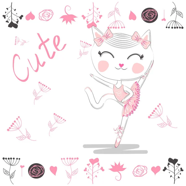 Милый Белый Мультяшный Кот Балетной Пачке Кошечка Розовой Юбке Надписью — стоковый вектор