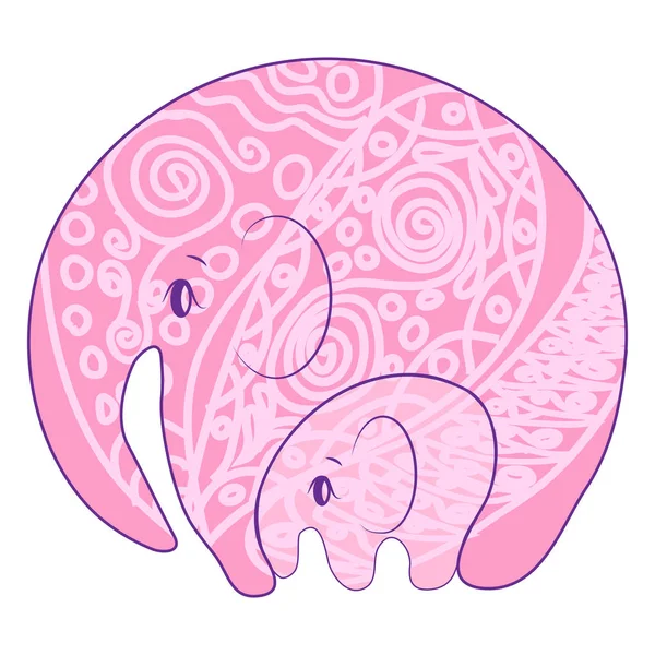 欧芹图案大象 东方印度图标和插图 大象妈妈与粉红色的婴儿在一起 — 图库矢量图片