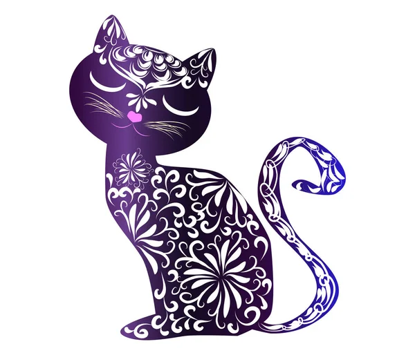 エレガントな猫 シルエット インディアンスタイルで手描き プリント デザイン 優雅さ ネコの美しさ インド風に手で描かれた独特の文様の概念 — ストックベクタ