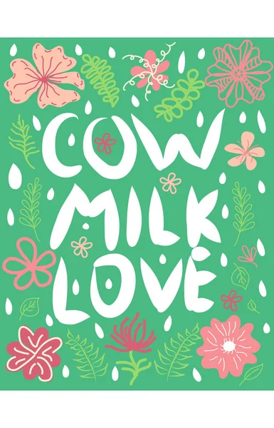 Kelime Sığır Aşk Süt Yeşil Bir Arka Plan Üzerinde Renkler — Stok Vektör