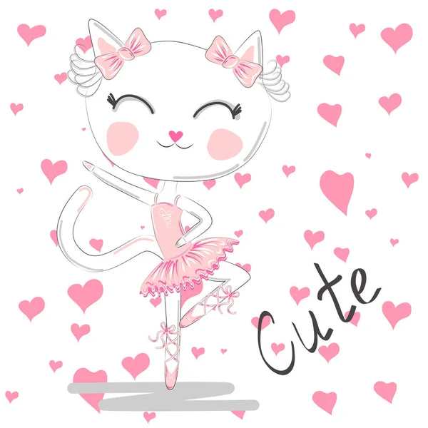 Милая Танцующая Кошка Розовом Платье Балерина Любит Танцевать Ручная Печать — стоковый вектор