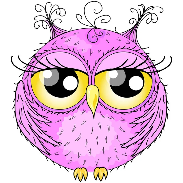 Sweet Owl Pink Wings Bow Pussy Curious Eyes Pulled Beak — Stock Vector