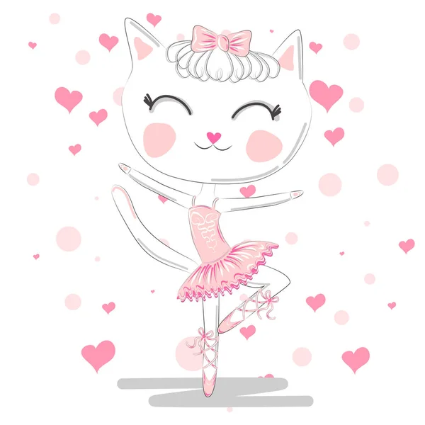 Hand Drawn Beautiful Lovely Little Ballerina Cat — Stock Vector