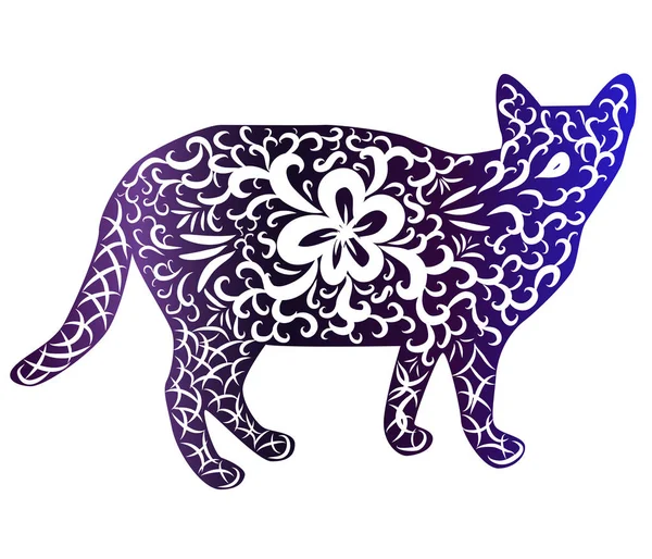 Elegantní Kočka Silueta Ručně Malovaná Indickém Stylu Tisk Design Koncept — Stockový vektor