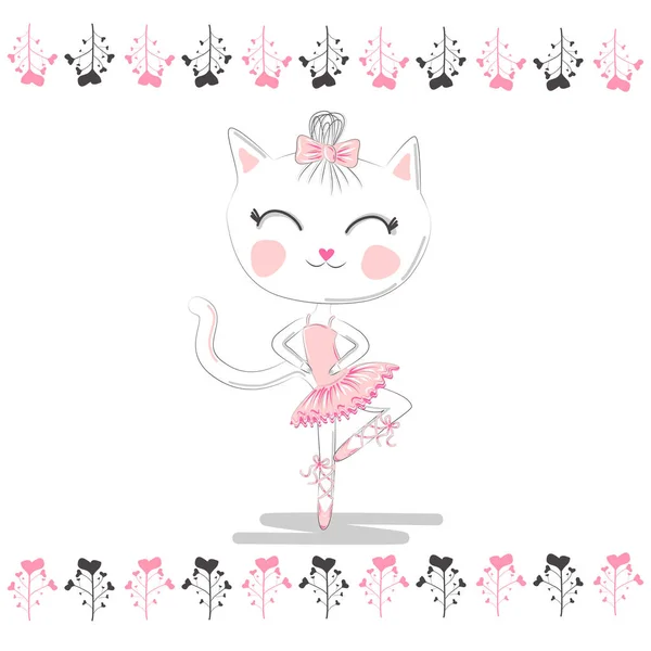 Handritad Söt Katt Ballerina Illustration Barn Skriva Shirt — Stock vektor