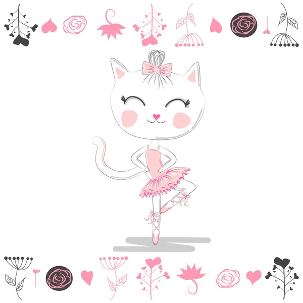 Roztomilá Tančící Kočičí Baletka Kreslená Ruka — Stockový vektor