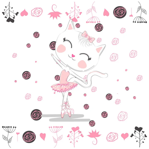 Söt Ballerina Katt Dansar Balett Rosa Tutu — Stock vektor