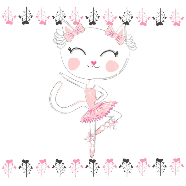 Hand Drawn Cute Cat Ballerina Illustration Children Print Shirt — Stock Vector