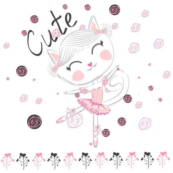 Schattige Ballerina Cat Dancing Ballet Roze Tutu — Stockvector