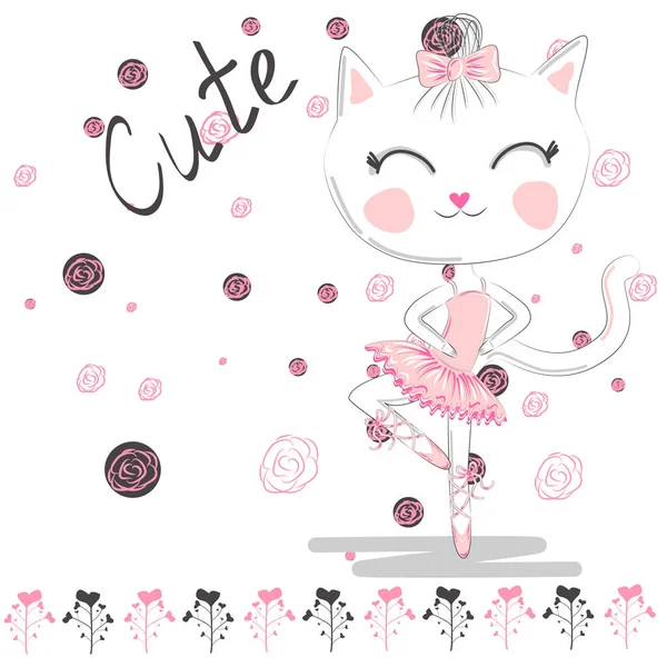 Симпатичный Балерина Кошка Танцует Балет Розовой Пачке — стоковый вектор
