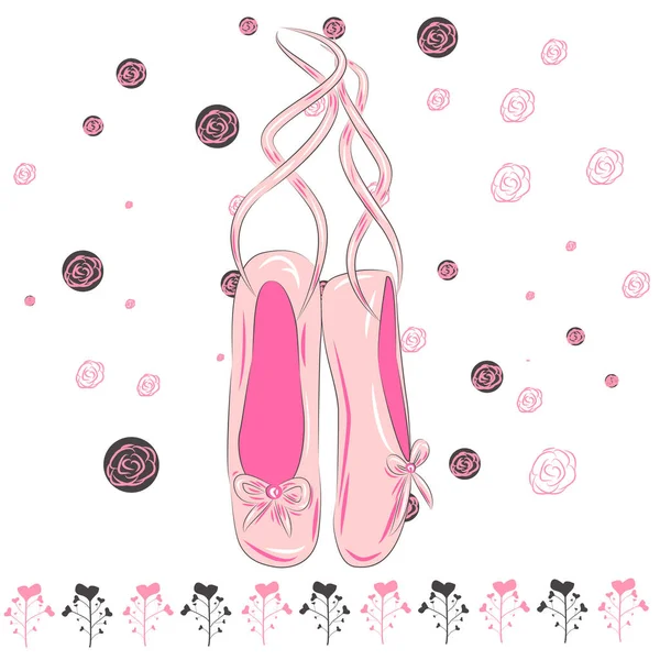 Délicates Chaussures Pointes Roses Avec Rubans Roses Pour Danse Ballet — Image vectorielle