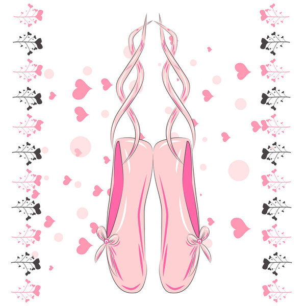 T shirt design. Sketch silhouette hand drawn pointes shoes, bow in pink colors.