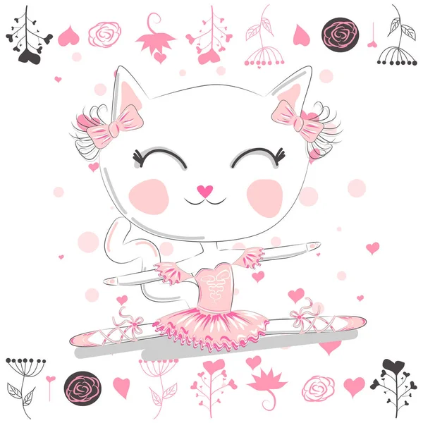 Kézzel Rajzolt Illusztrációja Egy Kawaii Vicces Macska Egy Rózsaszín Balett — Stock Vector