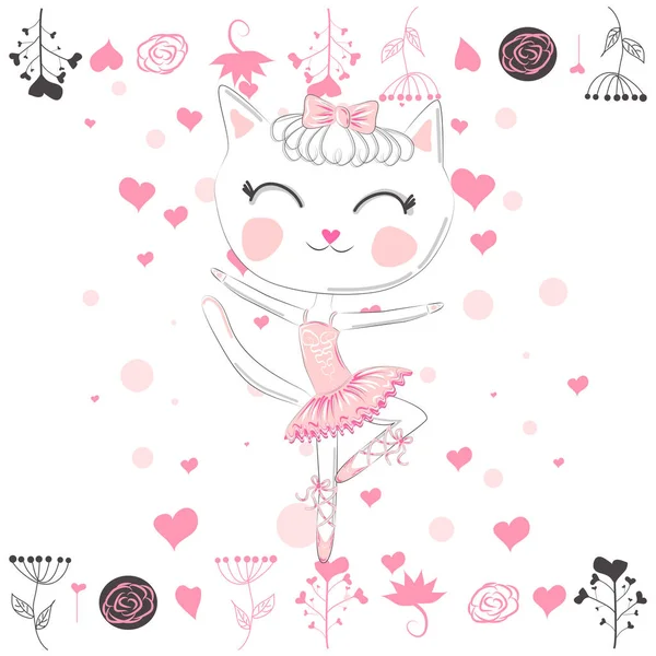 ピンクのバレエチュチュで可愛い面白い猫の手描きのイラスト デザインコンセプト お子様プリント — ストックベクタ