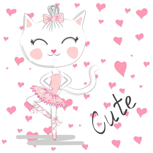 Милая Танцующая Кошка Розовом Платье Балерина Любит Танцевать Ручная Печать — стоковый вектор