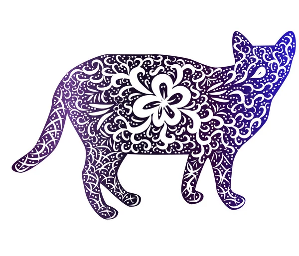 エレガントな猫 シルエット インディアンスタイルで手描き プリント デザイン 優美さ ネコの美 独特の文様の概念 — ストックベクタ