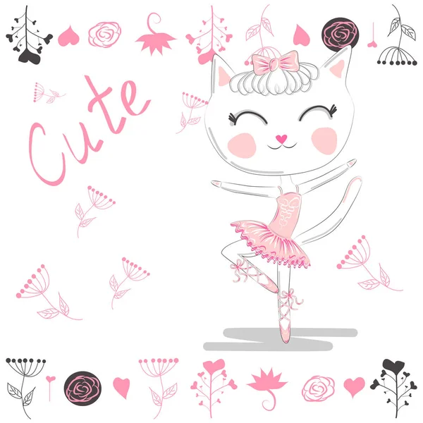 Cute White Cartoon Cat Ballet Tutu Kitty Girl Pink Skirt — Stock Vector