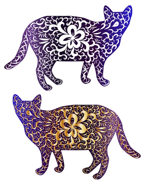 エレガントな猫 シルエット インディアンスタイルで手描き プリント デザイン 優雅さ ネコの美しさ インド風に手で描かれた独特の文様の概念 — ストックベクタ