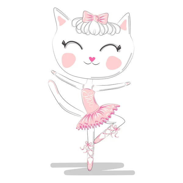 Hand Drawn Cute Cat Ballerina Illustration Children Print Shirt — Stock Vector