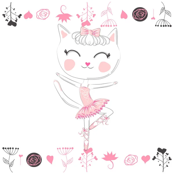 Cute Taniec Kot Ballerina Tutu Rysunek Ręcznie Rysowane — Wektor stockowy