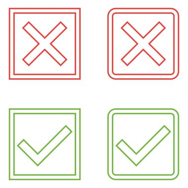 Beyaz Arka Planda İzole Kırmızı, Yeşil Tek Renkli Renklerde Modern Onay İşareti Simgeleri Seti.