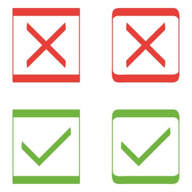 Beyaz Arka Planda İzole Kırmızı, Yeşil Tek Renkli Renklerde Modern Onay İşareti Simgeleri Seti.