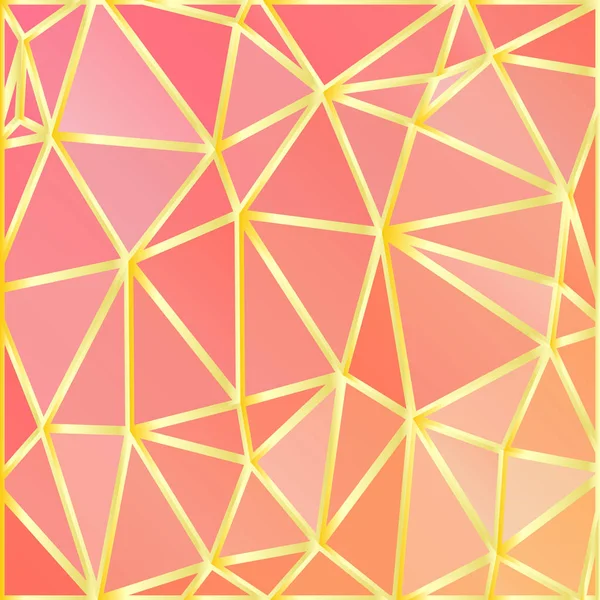 Korall färg Premium bakgrund med lyx Polygonal mönster och guld triangel Lines. — Stock vektor
