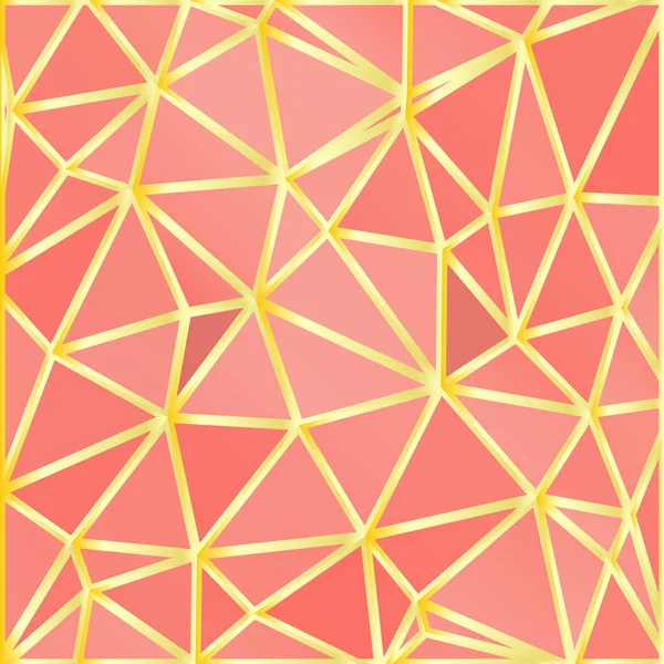 Korall färg Premium bakgrund med lyx Polygonal mönster och guld triangel Lines. — Stock vektor