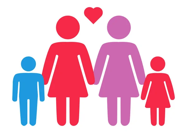 Eine schematische Darstellung eines Familienpaares lesbischer Frauen mit Kindern — Stockvektor