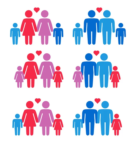 Gay, lesbiche coppie e famiglia con bambini icone set — Vettoriale Stock