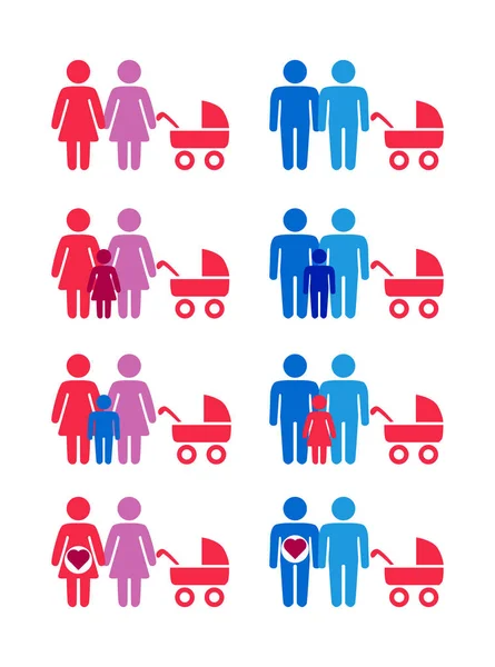 Schwule, lesbische Paare und Familien mit Kindern setzen Symbole — Stockvektor