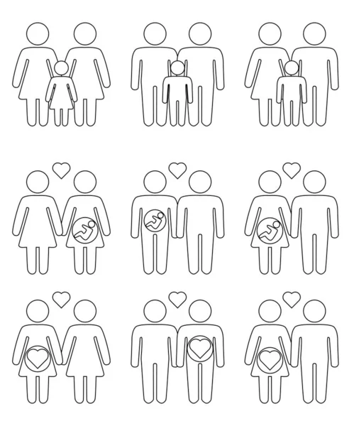 Gay, lesbianas parejas y familia con niños iconos conjunto — Vector de stock