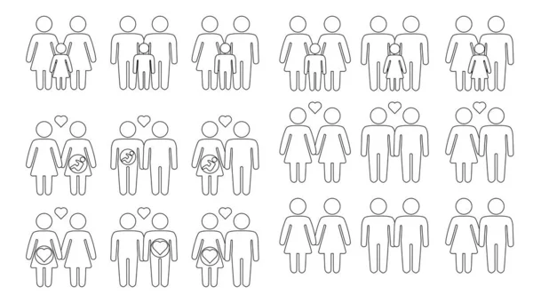 Gay lésbicas casais e família com crianças ícones definido —  Vetores de Stock