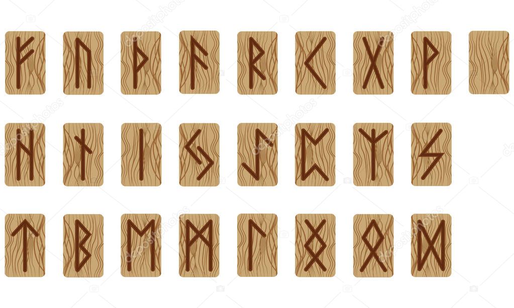 A set of twenty-four runes and one empty. Scandinavian. Imitation burning wood. Wood Texture