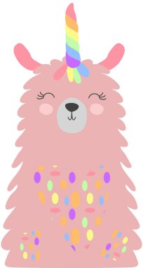 Gökkuşağı renginde tek boynuzlu bir boynuzlu sevimli lama. Lamacorn. İskandinav tarzında.