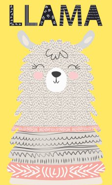 Sevimli komik lama yüz İskandinav tarzı düz tasarım el çizilmiş vektör illüstrasyon