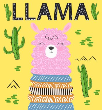 Sevimli karikatür lama alpaka vektör grafik tasarım seti. Elle çizilmiş lama karakteri illüstrasyonu