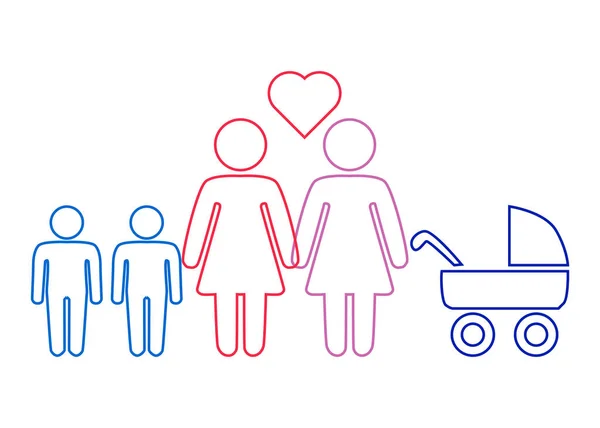 一对有孩子的女同性恋家庭夫妇的示意图描绘 — 图库矢量图片