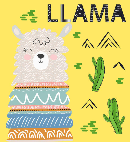 Cute cartoon llama alpaca vector graphic design set. Hand drawn llama character illustration