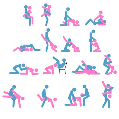 Karikatür Farklı Sex Pozlar veya Pozisyon Çift Set Konsept Passion Erotik Düz Tasarım Stil.