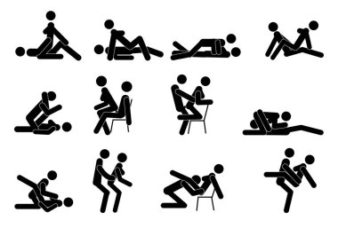 Karikatür Farklı Sex Pozlar veya Pozisyon Çift Set Konsept Passion Erotik Düz Tasarım Stil.