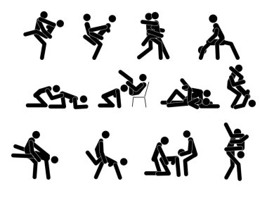 Karikatür Farklı Sex Pozlar veya Pozisyon Çift Set Konsept Passion Erotik Düz Tasarım Stil.