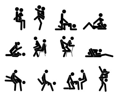 Karikatür Farklı Sex Pozlar veya Pozisyon Çift Set Konsept Passion Erotik Düz Tasarım Stil.
